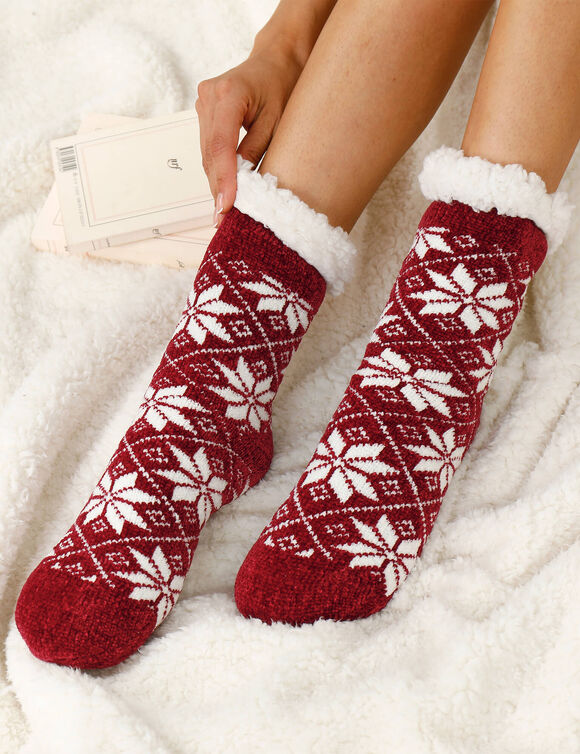 Chaussettes maille chenille fourrées antidérapantes  (bordeaux)