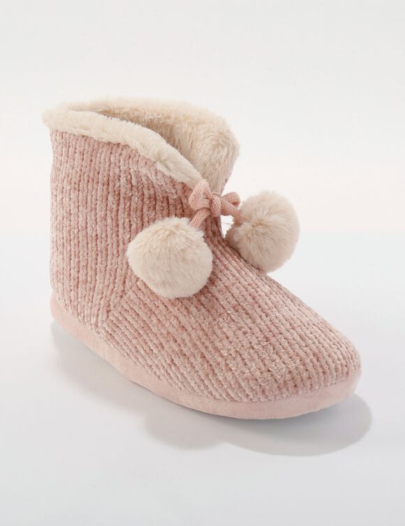 Chaussons bottillons fourrés, maille chenille (rose)