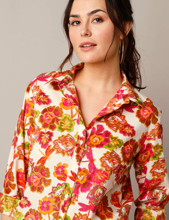 Chemisier boutonné imprimé fleurs, voile de coton (beige)