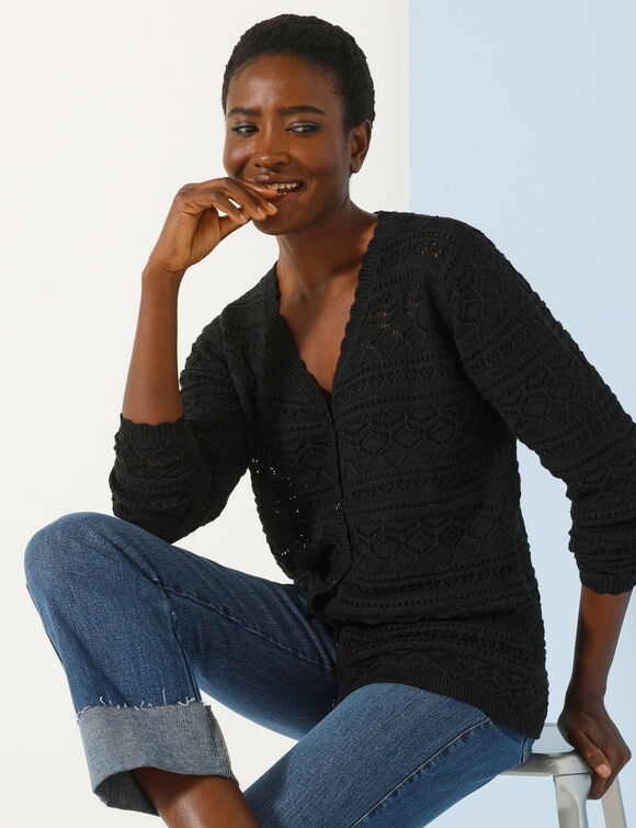 Gilet col V boutonné, maille fantaisie (noir)
