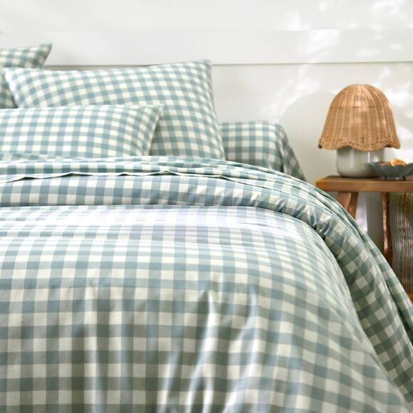 Linge de lit Lou imprim&eacute; carreaux - en coton (vert gris&eacute;)