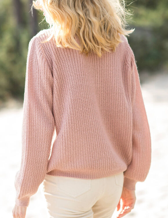 Pull  col V maille anglaise ajourée (rose poudré)