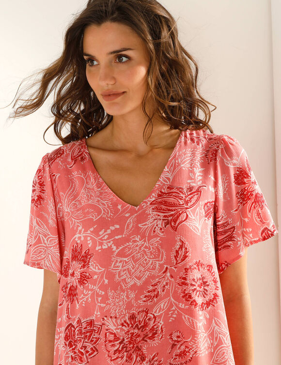 Robe col V manches courtes, voile jacquard imprim&eacute; (koraal)