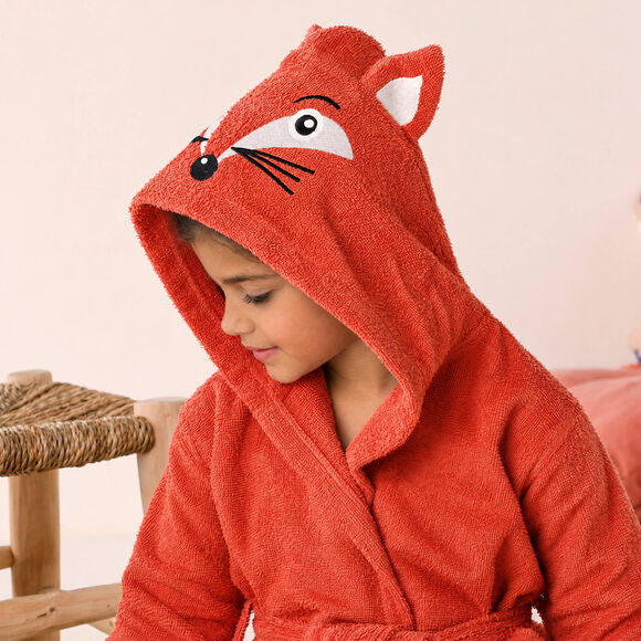 Kinderbadjas met capuchon, met foxprint &ndash; lusjesbadstof 340 g/m&sup2; (saffraangeel)