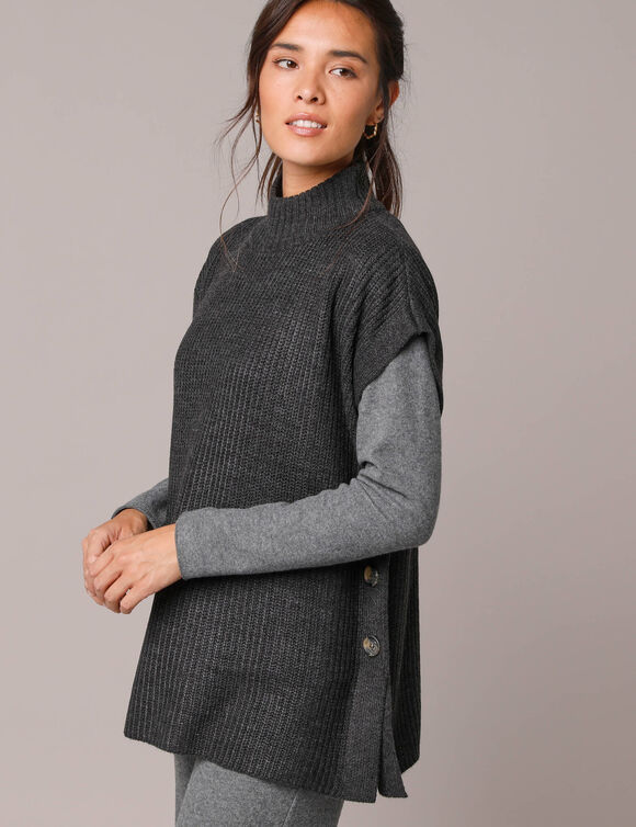 Pull col montant sans manches, maille perlée (anthracite chiné)