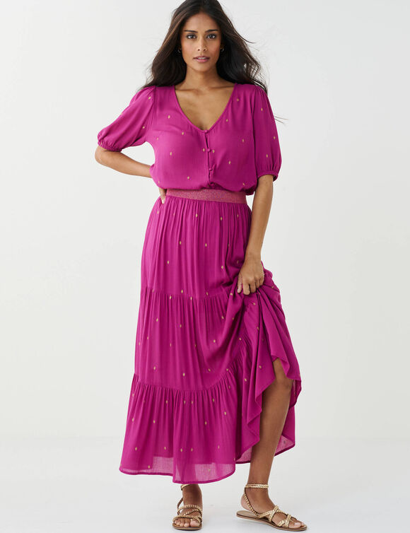 Jupe longue volant&eacute;e imprim&eacute; dor&eacute;, cr&eacute;pon (violine / dor&eacute;)