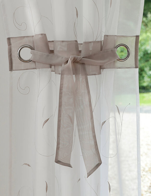 Rideau panneau voile petites feuilles brod&eacute;es (gris / blanc)