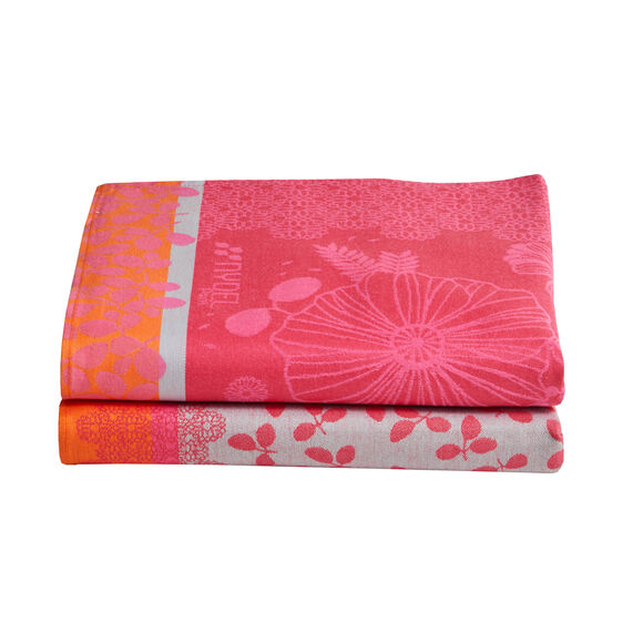 Katoenen droogdoek met ingeweven "zomertuin" jacquardmotief - set van 2 (roze)