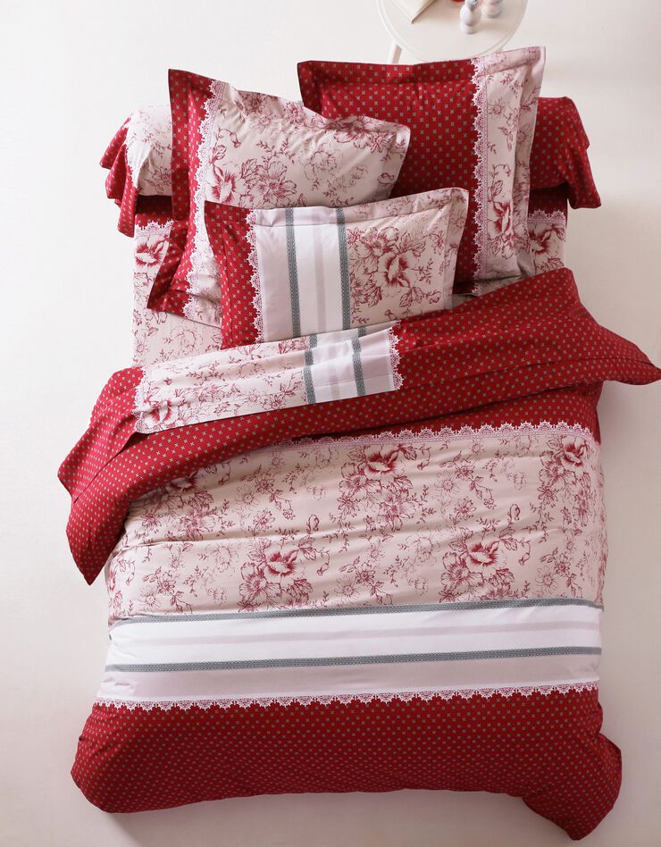 Bedlinnen Gabrielle in katoen met stippen-, bloemen- en kantprint (rood)