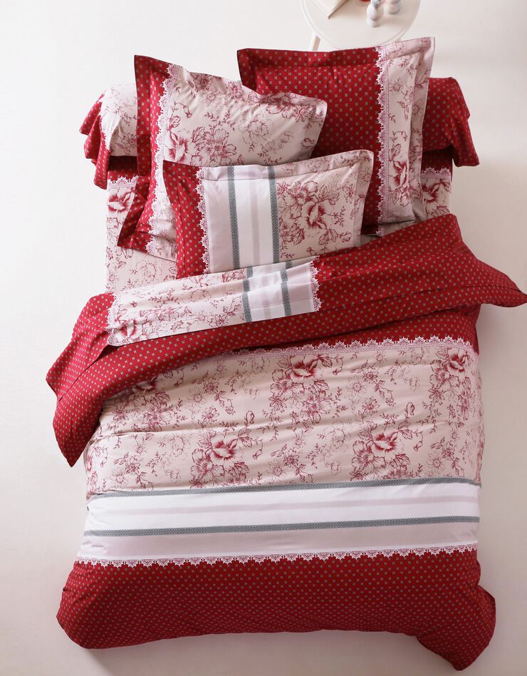 Linge de lit Gabrielle en coton imprimé pois, fleurs et dentelle (rouge)