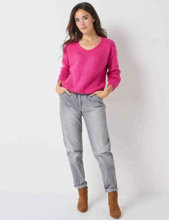 Trui met V-hals en loose volume, mohairtouch (fuchsiaroze)