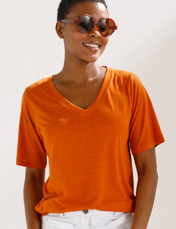 T-shirt col V en lin m&eacute;lang&eacute;, manches courtes (mangue)