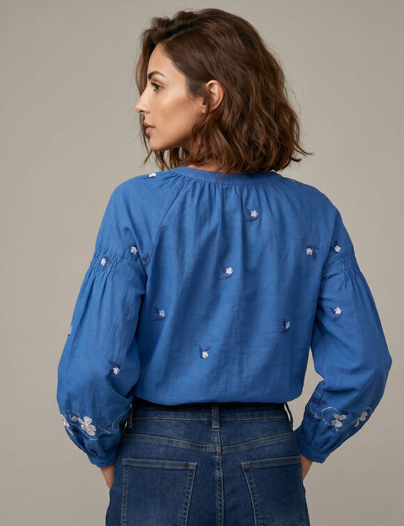 Blouse flanelle, manches 7/8, imprim&eacute; effet broderie (bleu)