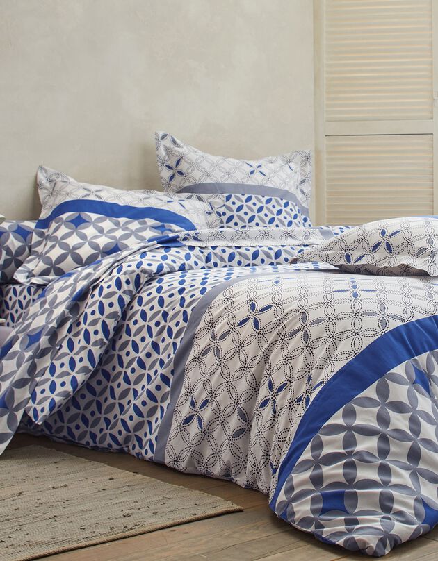 Linge de lit Marlow en coton à motifs géométriques, gris / bleu, hi-res