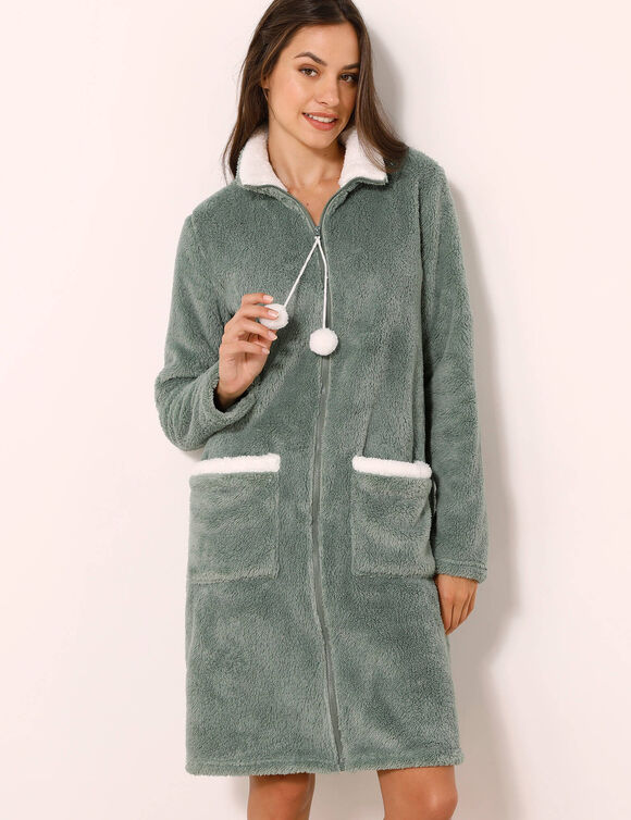 Robe de chambre maille polaire zipp&eacute;e (kaki / &eacute;cru)