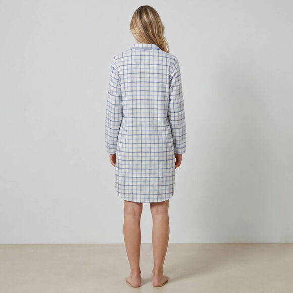 Chemise de nuit en flanelle forme liquette tiss&eacute; teint carreaux (&eacute;cru / bleu)
