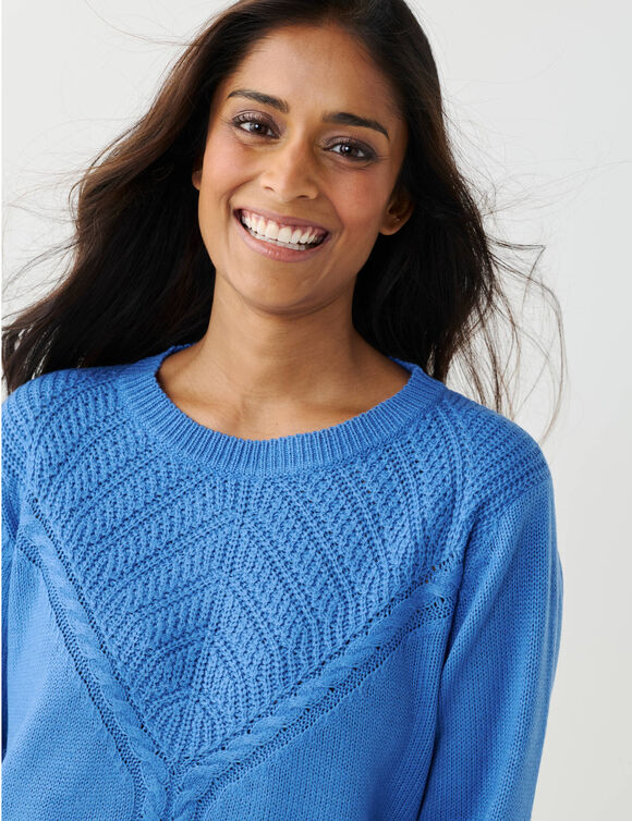 Pull col rond, maille fantaisie (bleu)