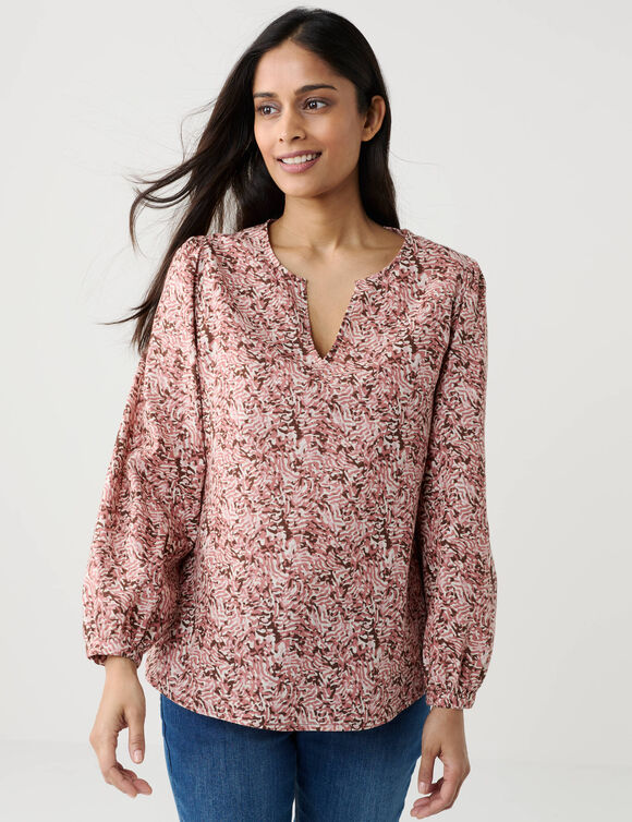 Katoenen blouse bedrukt met print, met split in de kraag (rozenhout / ecru)