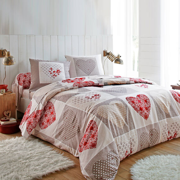 Linge de lit Lovely en coton imprimé coeurs (taupe / rouge)