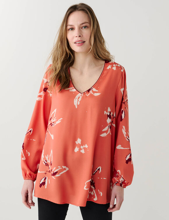 Tunique fluide &eacute;vas&eacute;e imprim&eacute; floral, cr&ecirc;pe (paprika / &eacute;cru)