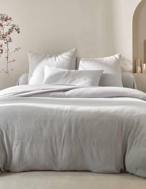 Effen bedlinnen in driedubbel katoengaas (parelgrijs)