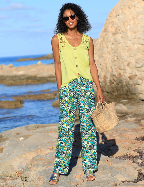 Pantalon large imprimé, taille élastiquée (kaki / émeraude)