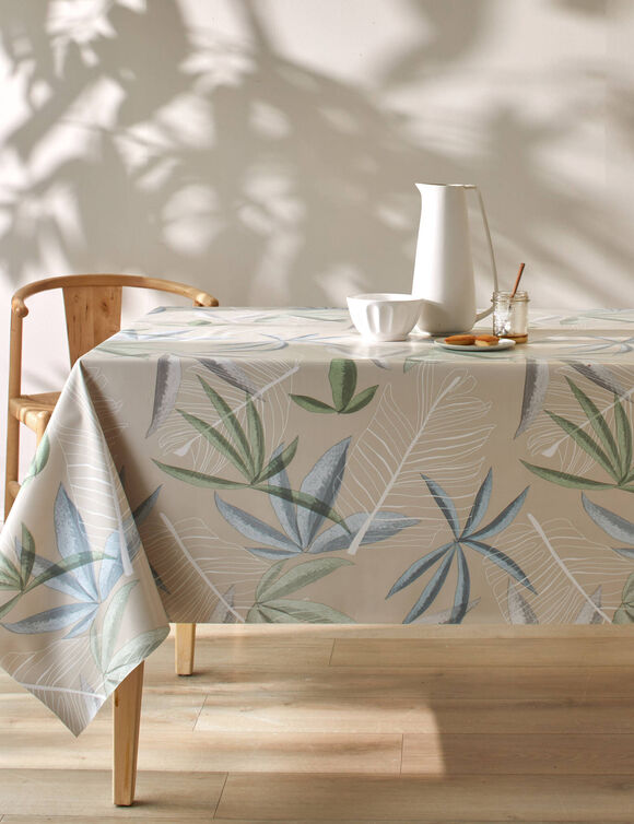 Tafellaken in toile cirée met bladerenprint (beige / groen)