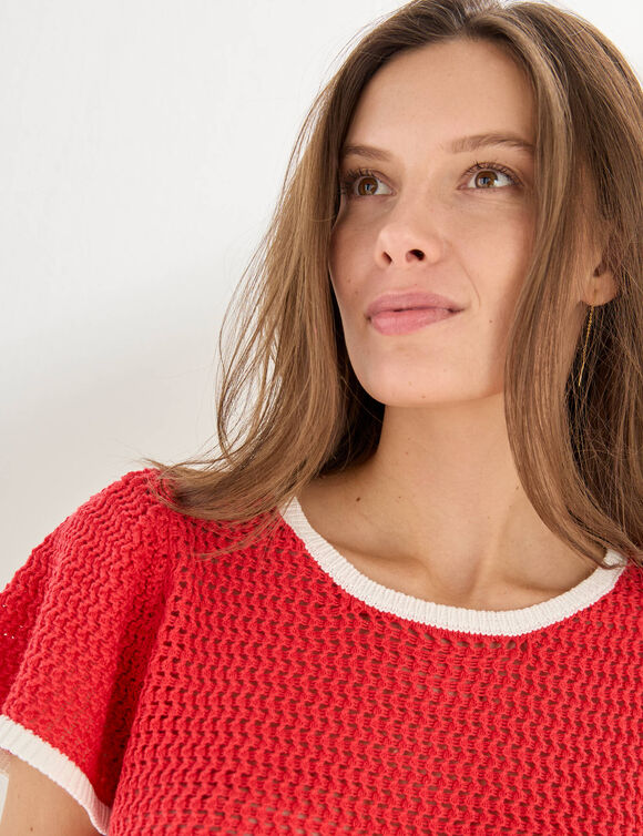 Pull manches courtes, maille fantaisie (rouge / &eacute;cru)