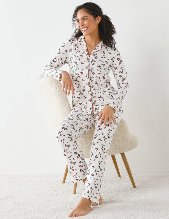 Pyjama col tailleur imprimé houx  (écru / cerise)