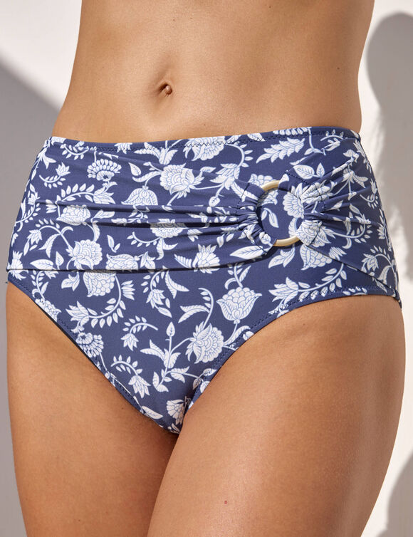 Bas de maillot de bain taille haute drap&eacute; imprim&eacute; Saglia (marine / &eacute;cru)