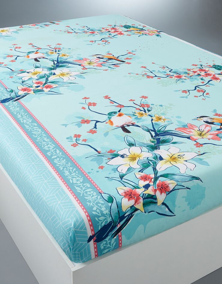 Linge de lit Birdy en coton imprimé oiseaux (lagon)
