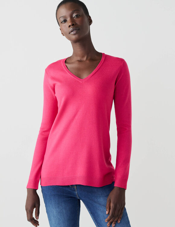 Pull col V, toucher doux (rose fuchsia)