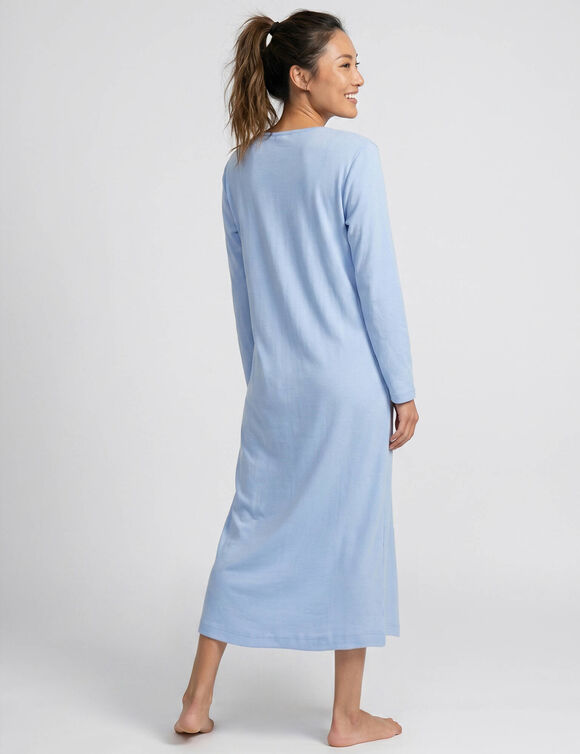 Effen, lang nachthemd met knoopkraag en lange mouwen (gletsjerblauw)