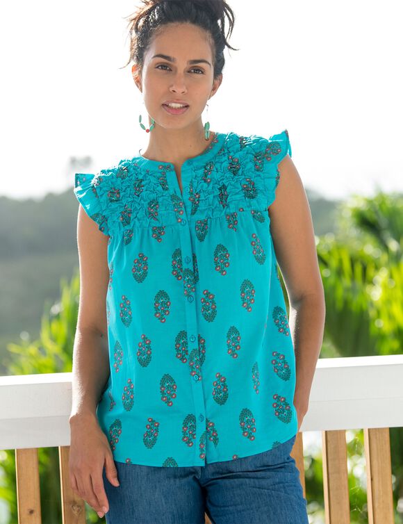 Chemisier smocké imprimé (turquoise)