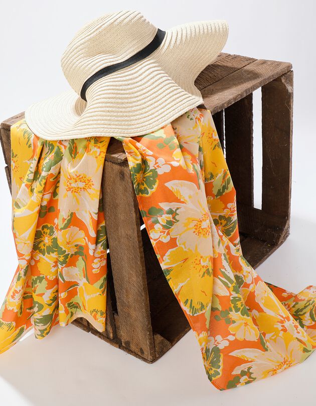 Foulard style chèche fabriqué en France imprimé fleurs, 160 x 70 cm  - coton (corail / amande)