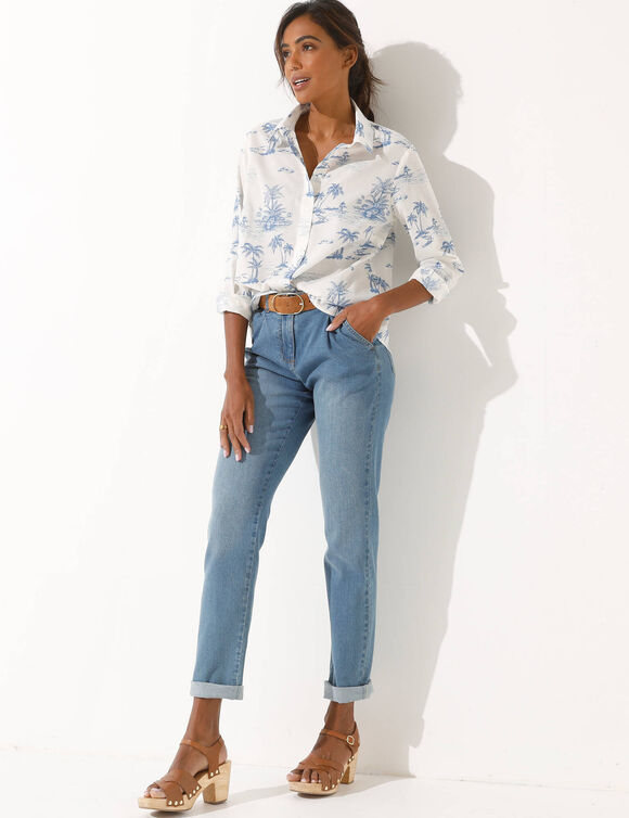 Chemise imprim&eacute; palmiers bicolore (blanc / bleu)