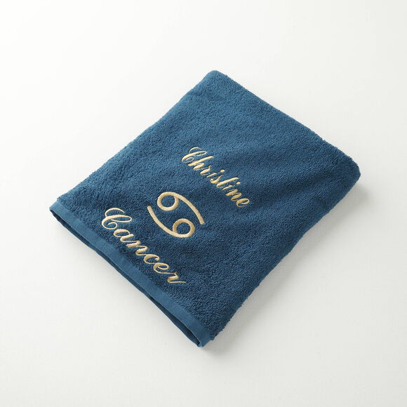 Serviettes de bain brodées Cancer personnalisable - 420g/m2 (bleu paon)