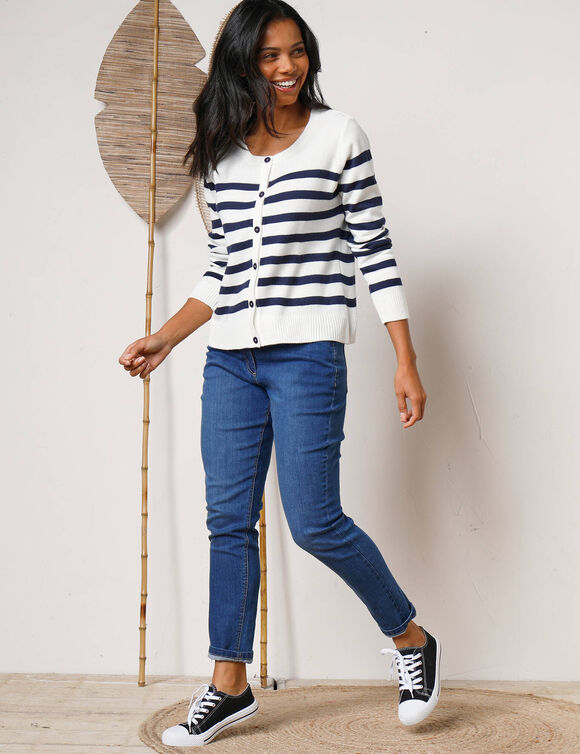Cardigan ray&eacute; boutonn&eacute; (&eacute;cru / marine)