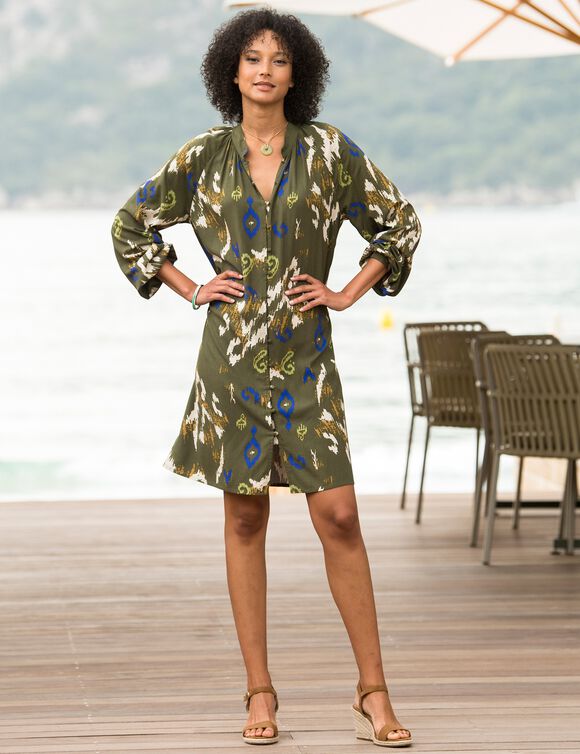 Robe chemisier imprimée (kaki / bleu)