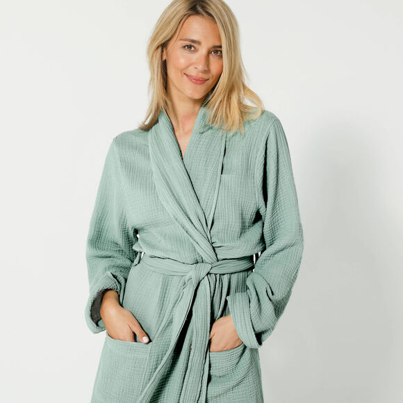 Peignoir uni en triple gaze de coton  (vert)