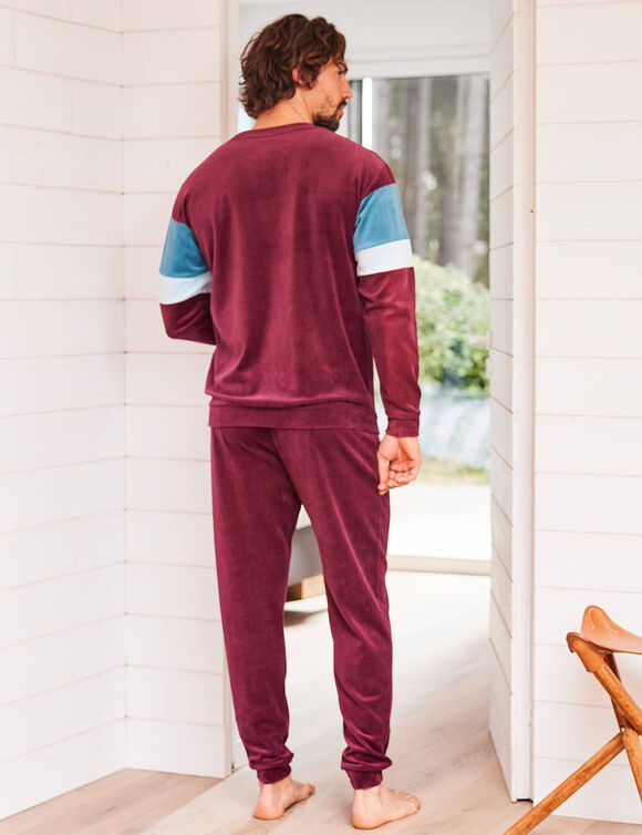 Pyjama tricolore velours manches longues (bordeaux)