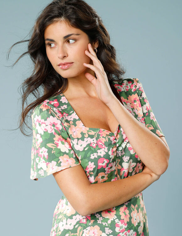 Robe midi imprimée, Spécial Petites (kaki / rose)