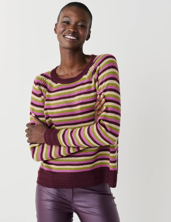 Pull ray&eacute; col rond, maille fantaisie toucher doux (naturel / bordeaux)