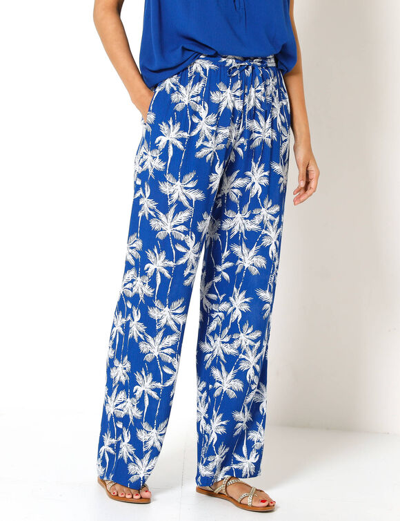 Soepele wijde broek, palmbomenprint (felblauw / wit)