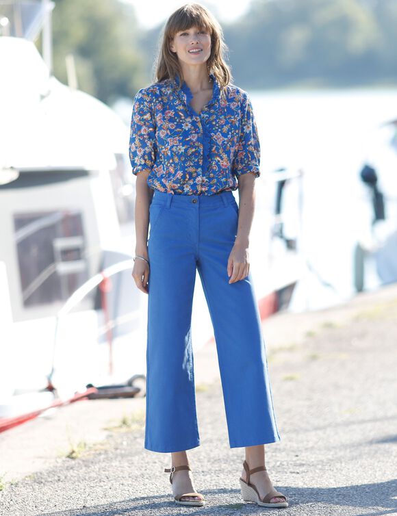Blouse boutonnée imprimée, gaze de coton (bleu / caramel)