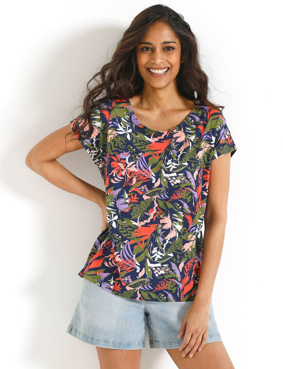 T-shirt manches courtes, imprim&eacute; tropical (marine / vert)