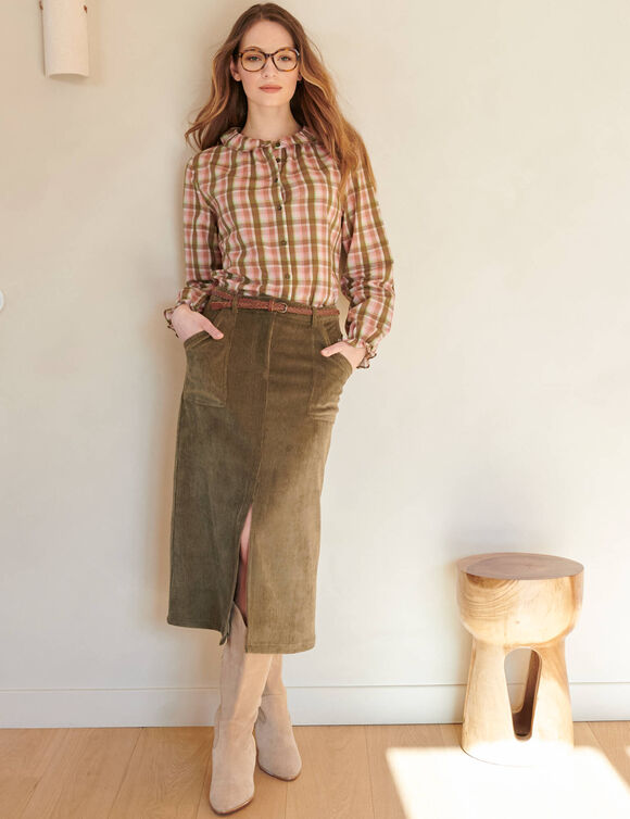 Chemisier col claudine &agrave; carreaux, fils tiss&eacute;s teints (kaki / rose)
