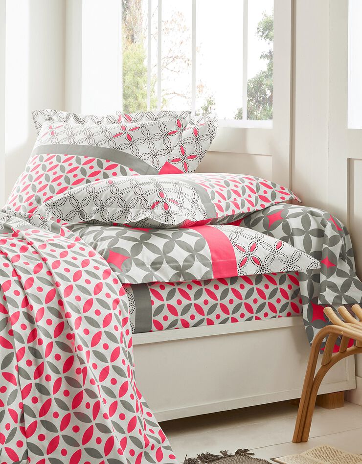 Linge de lit Marlow en coton à motifs géométriques (gris / corail)