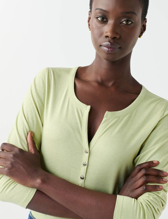 Tee-shirt col tunisien manches longues, uni (vert tilleul)