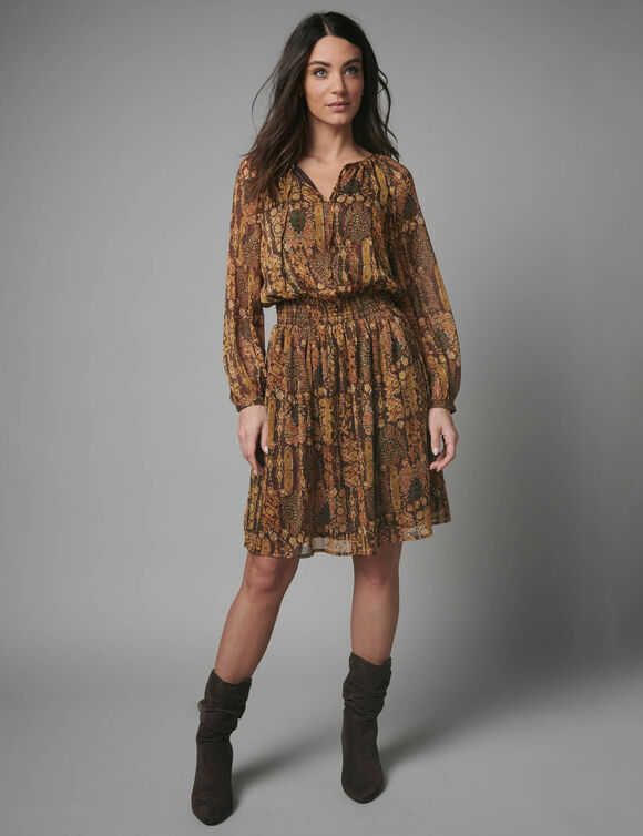 Robe courte en voile imprim&eacute; (chocolat / vert)